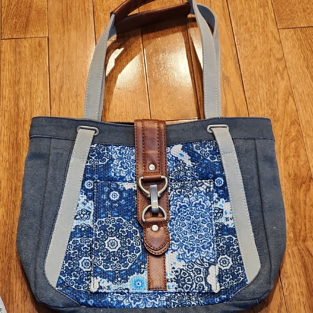 Hobo Mona B Blue Patchwork Canvas Tote Bag Leather Trim Boho Shoulder Bag P-003